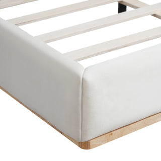 Sunvega Upholstered King Bed With Solid Wood Frame And Wooden Slatted Base White