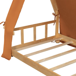 Sunvega Twin Size Brown House Bed with Detachable Tent and Light for Kids
