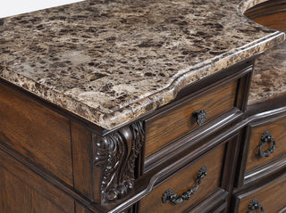 Sunvega Traditional Brown Cherry Finish Marble Top Three Drawer Nightstand