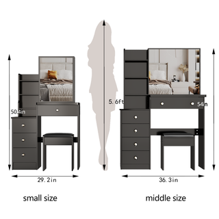 Sunvega Small Space Left Bedside Cabinet Vanity Table with Cushioned Stool and Sliding Mirror