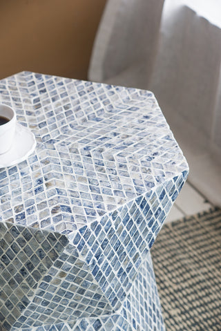 Sunvega Blue Capiz Inlay Tapered Hexagon Accent Stool for Bedrooms