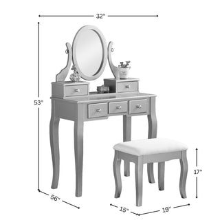 Sunvega Adjustable Oval Wooden Frame Vanity Table with Mirror and Stool