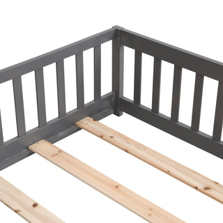 Sunvega Full Size Pine Wood Floor Bed with Safety Guardrails and Door