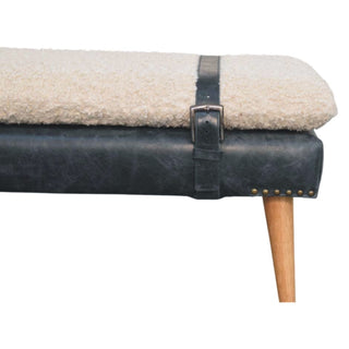 Sunvega Boucle and Black Leather Upholstered Bench with Nordic Wood Legs