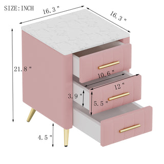 Sunvega Upholstered Wooden Nightstand with 3 Drawers and Marbling Worktop
