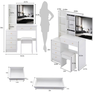 Sunvega 37 Inch Left Bedside Cabinet Vanity Table with Cushioned Stool and Sliding Mirror
