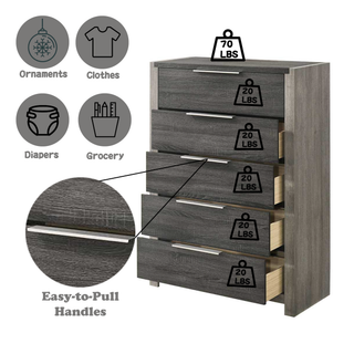 Sunvega 5 Drawer Chest in Jehoram Gray Finish with Wood Center Glide Drawers