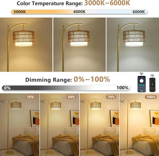 Sunvega Adjustable Farmhouse Arc Floor Lamp with Rattan & Fabric Shades and Remote