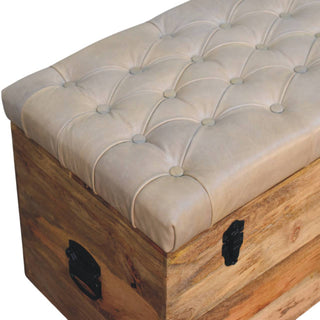Sunvega Buffalo Hide Leather Storage Trunk in Beige Handcrafted from Solid Mango Wood