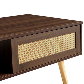 Sunvega Rattan Woven Coffee Table with Sliding Door Storage and Solid Wood Legs