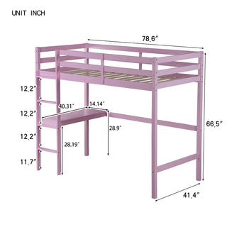 Sunvega Pink Rubber Wood Twin High Loft Bed with Safety Guardrail and Built-in Desk