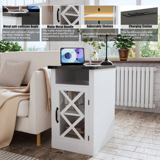 Sunvega Farmhouse End Table with Charging Station and Adjustable Shelf for Bedroom