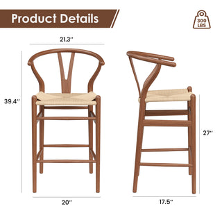 Sunvega Mid-Century Wishbone Barstool with Woven Papercord Seat Fully Assembled Walnut