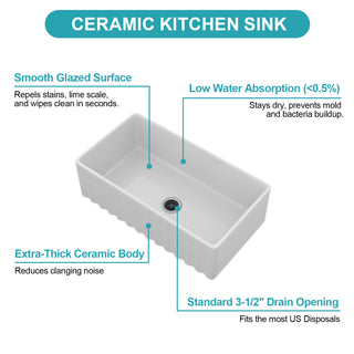 Sunvega 33 Inch White Porcelain Ceramic Farmhouse Kitchen Sink Workstation with Reversible Apron