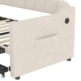 Sunvega Twin Size Upholstered Daybed with Pop Up Trundle and USB Charging