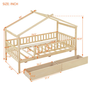 Sunvega Twin Size Wooden House Bed with Two Drawers and Headboard in White