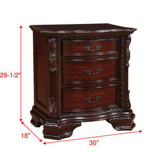 Sunvega Traditional Solid Wood Nightstand with Three Drawers and Dark Cherry Finish