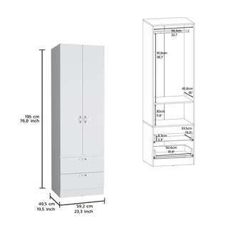 Sunvega Modern White Wardrobe with Hanging Rod, 2 Drawers and Storage Shelf