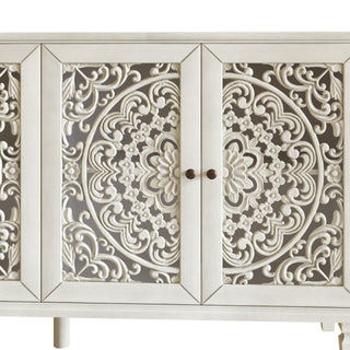Sunvega Antique Green Buffet Cabinet with Floral Carvings and Solid Wood Legs for Living Room