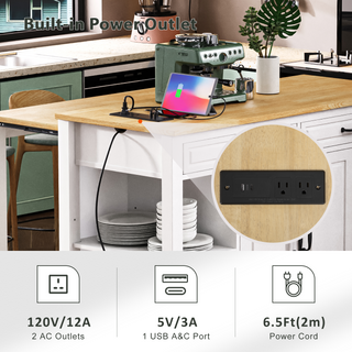 Sunvega Extendable Kitchen Island with Dining Table Internal Storage and Power Outlet