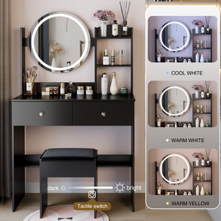 Sunvega 17 Inch Round LED Vanity Mirror Table with Stool Set Touch Switch 3 Colors