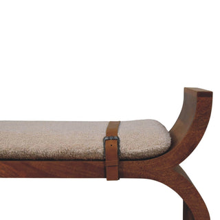 Sunvega Handcrafted Solid Mango Wood Stirrup Curve Sculptural Bench in Amber Oak