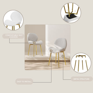 Sunvega Modern Minimalist White Teddy Velvet Dining Chairs Set of 2 with Gold Metal Legs