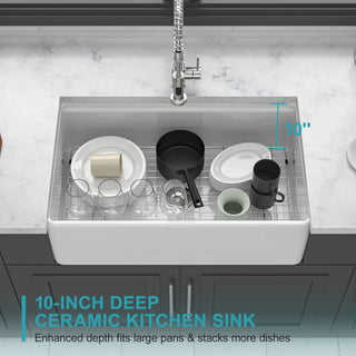 Sunvega 33 Inch White Porcelain Ceramic Farmhouse Kitchen Sink Workstation with Reversible Apron