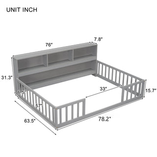 Sunvega Twin Floor Bed with Bedside Bookcase Guardrails and Shelves in Grey