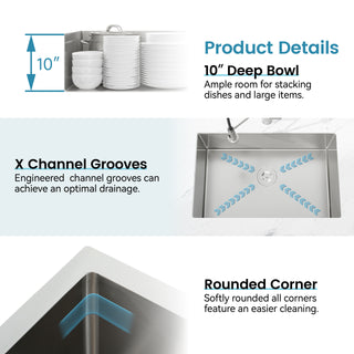 Sunvega Handcrafted 33x19 Inch Undermount Single Bowl Kitchen Sink Dark Gray