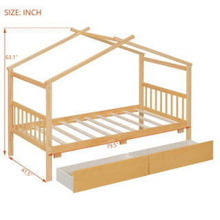Sunvega Twin Size Wooden House Bed with Drawers and Headboard for Kids Room