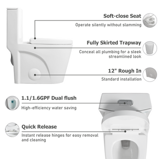 Sunvega 1.1/1.6 GPF Dual Flush Elongated Comfort Height One-Piece Toilet with Soft Closing Seat