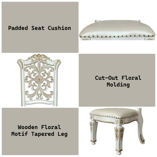 Sunvega Antique Pearl Finish PU Leather Side Chair with Floral Molding Wood Backrest