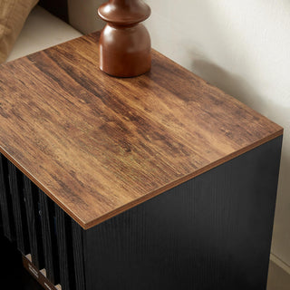 Sunvega Mid Century Modern Nightstand with Grille Striped Doors and Metal Legs