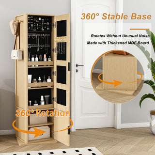 Sunvega 360-Degree Rotating Makeup Jewelry Cabinet with Full-Length Mirror and Coat Rack