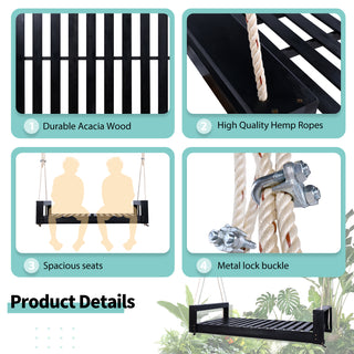 Sunvega Twin Size Acacia Wood Porch Swing Bed with Hemp Ropes for Garden