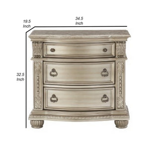 Sunvega Glamorous Vintage Nightstand with Marble Top and Three Drawers