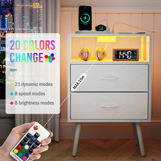 Sunvega Modern Nightstand with Charging Station, LED Light and Fabric Drawers