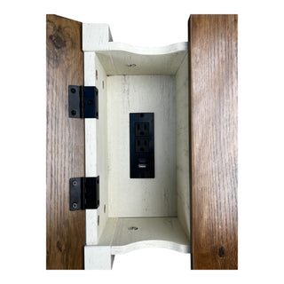 Sunvega Farmhouse End Table with Charging Station, Barn Door, and Drawer for Bedroom