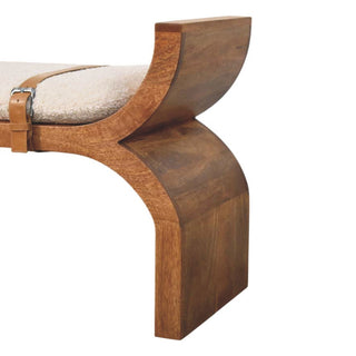 Sunvega Handcrafted Solid Mango Wood Stirrup Curve Sculptural Bench in Amber Oak