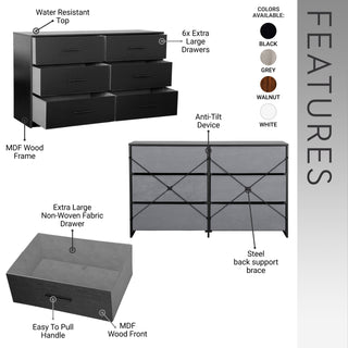 Sunvega Sturdy MDF Frame Dresser with Six Spacious Fabric Drawers