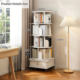 Sunvega 360° Rotating Bookshelf with Wheels and Drawer for Space-Saving Storage