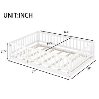 Sunvega Full Size Montessori Floor Bed with Fence Door and Slats for Kids