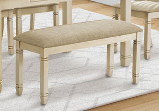 Sunvega 41" Rectangular Upholstered Bench with Antique White Wood Legs and Beige Fabric