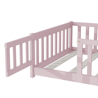Sunvega Natural Rubber Wood Twin Size Floor Bed with Safety Guardrails and Door