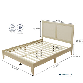 Sunvega Solid Wood Queen Bed Frame with Rattan Headboard and Silent Slats