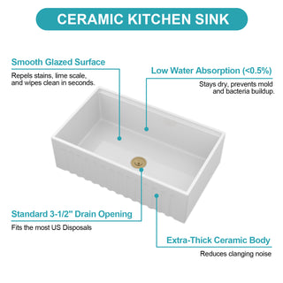 Sunvega 33 Inch White Porcelain Ceramic Farmhouse Kitchen Sink Workstation with Reversible Apron