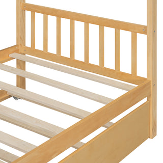 Sunvega Twin Size Wooden House Bed with Trundle and Headboard for Kids Room