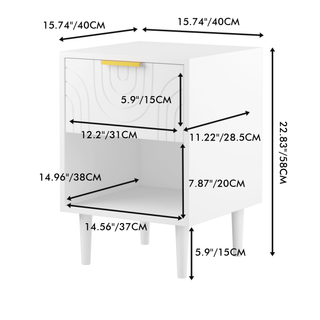 Sunvega Modern White Nightstand with Gold Accent Handle and Open Shelf