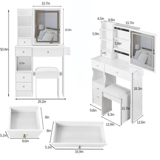 Sunvega Small Space Vanity Table with Cushioned Stool and Extra Large Sliding Mirror